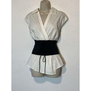 White Blouse Black Corset Waist Peplum Large Dark Academic Gothic Steampunk